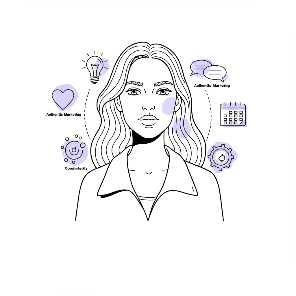 Modern line art of a female entrepreneur with authentic marketing icons; black, white, and pastel purple heart | Femmeprenista