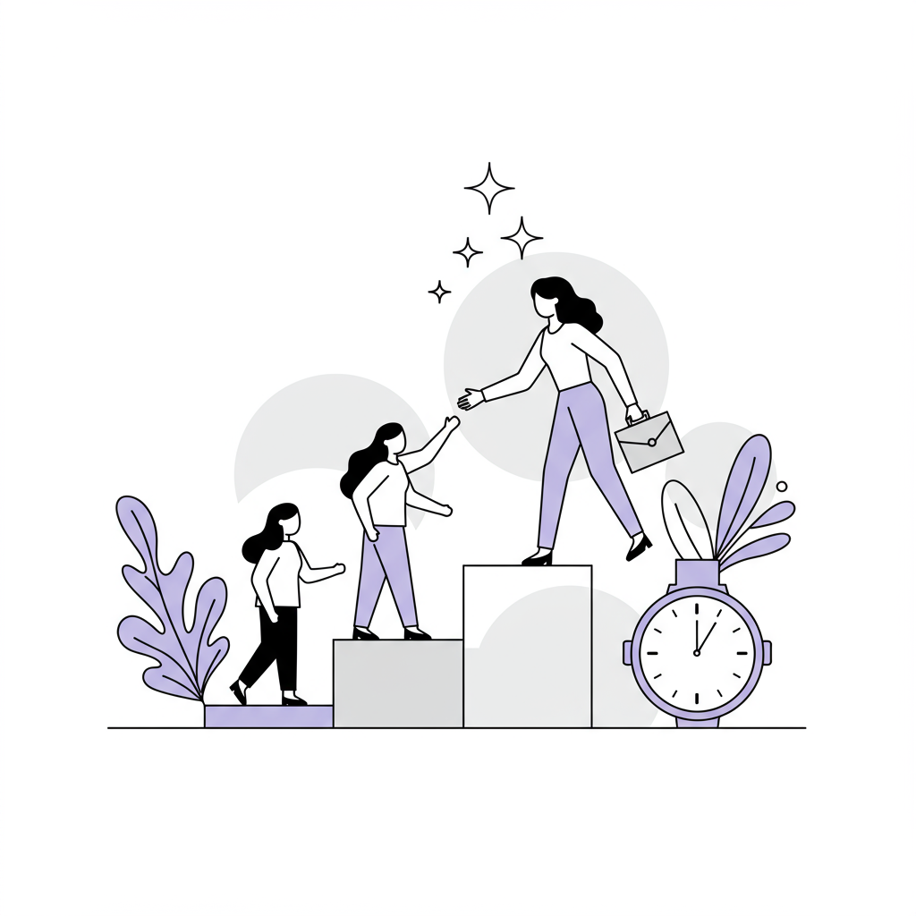 Line art: Female entrepreneur offers a hand up to first clients; pastel purple watch highlight | Femmeprenista