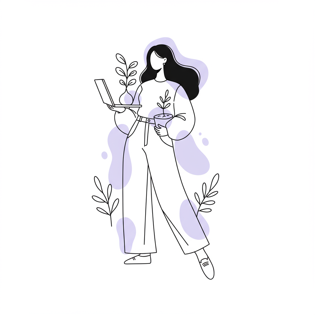 Elegant line art: Empowered female entrepreneur/mother holds seedling & laptop, growth & work-life integration, purple accent on leaves | Femmeprenista