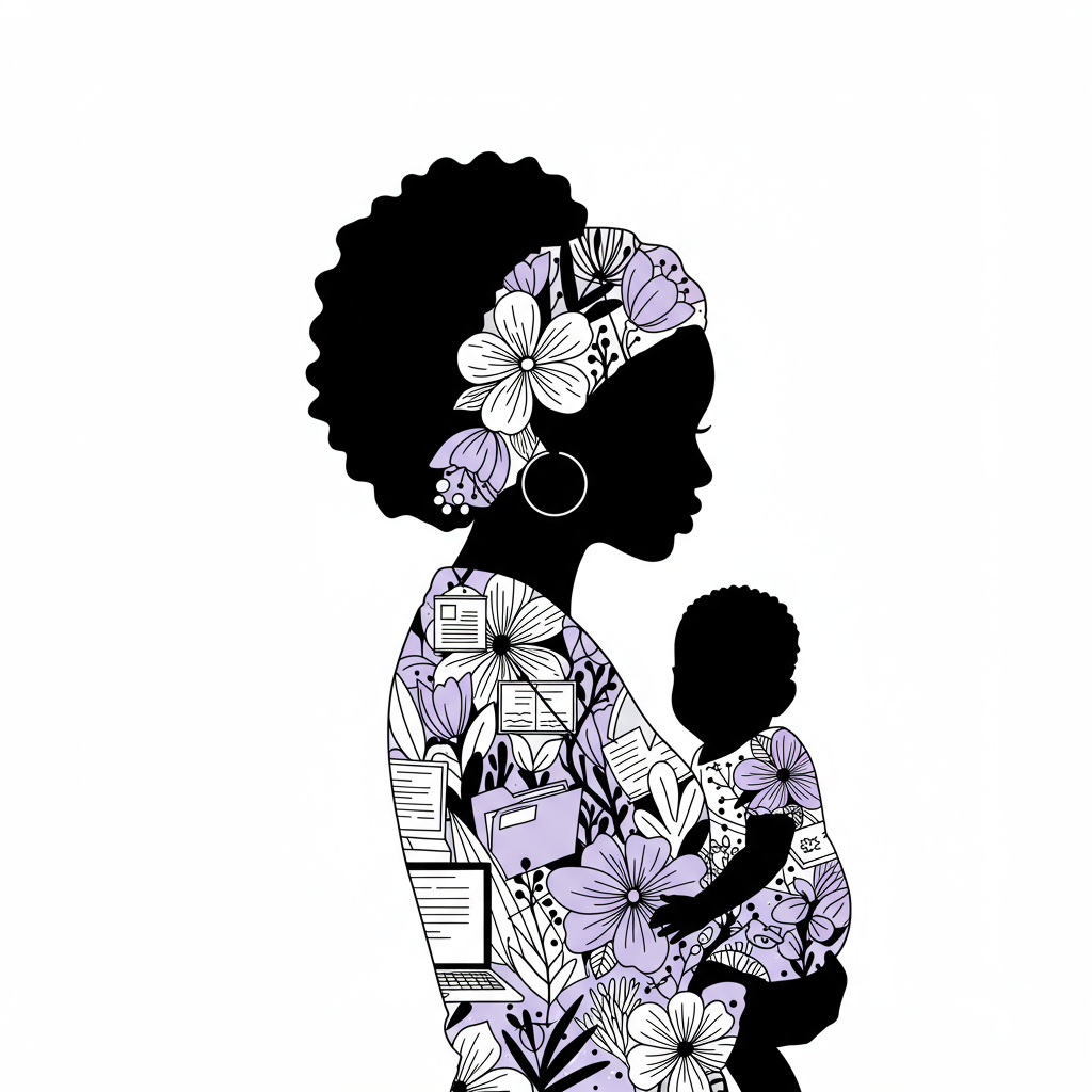 Black and white line art: Stylized silhouette of Black mother and child filled with a growing business flower garden; pastel purple floral accent | Femmeprenista