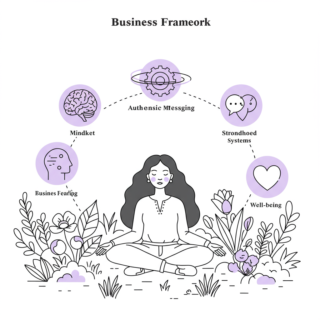 Line art: Latina woman in a garden, Business Flourish Framework orbiting, pastel purple heart for wellbeing | Femmeprenista