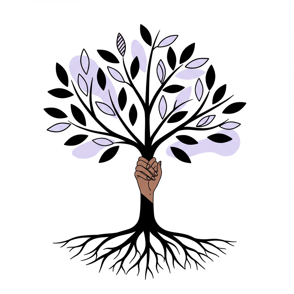 Chic line art "tree of life" with diverse hands forming roots, pastel purple highlights symbolizing a supportive network | Femmeprenista