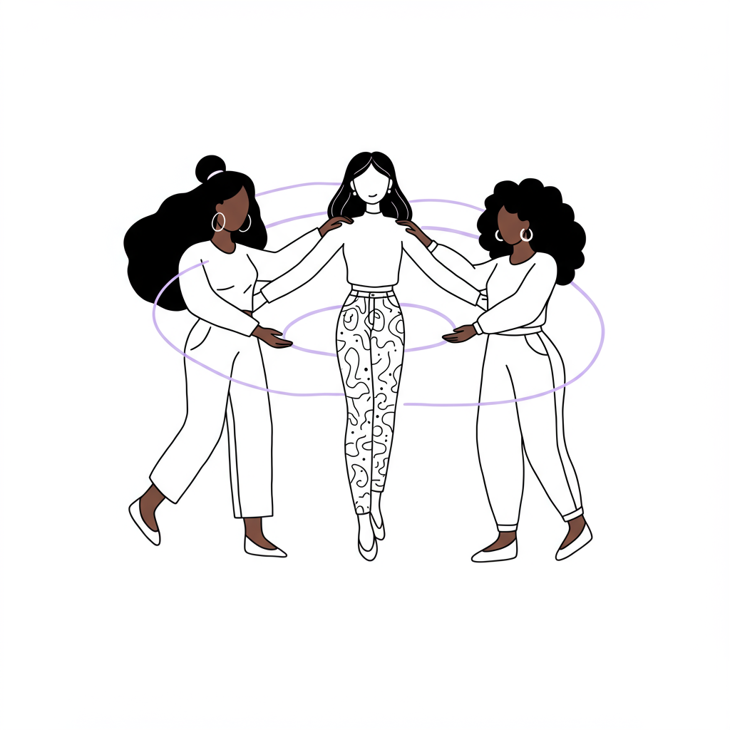 Chic line art of diverse mumpreneurs in a supportive circle, pastel purple highlights connection | Femmeprenista
