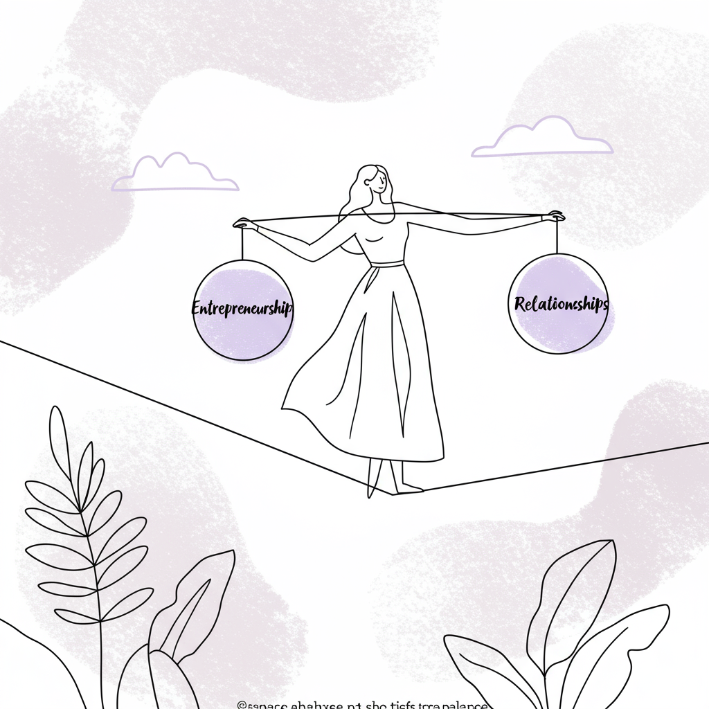 Line art: Woman balancing entrepreneurship relationships, pastel purple accent on relationship orb, minimalist chic style | Femmeprenista