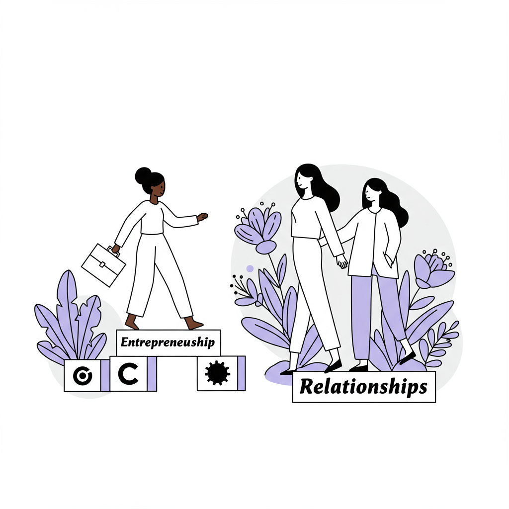 Line art: two women entrepreneurs, one striding on "Entrepreneurship" blocks while holding hands with a woman amidst flourishing pastel purple plants | Femmeprenista
