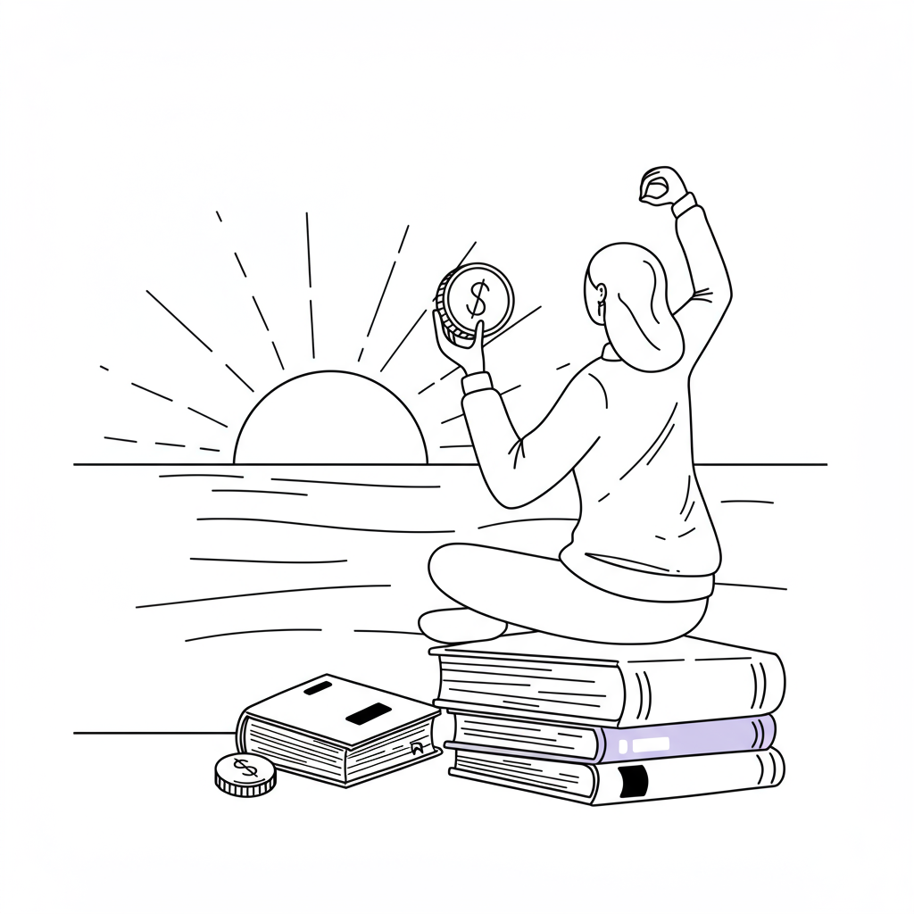 Chic line art: Femmeprenista sits on books, coin aloft facing financial freedom sunrise; pastel purple coin highlight | Femmeprenista
