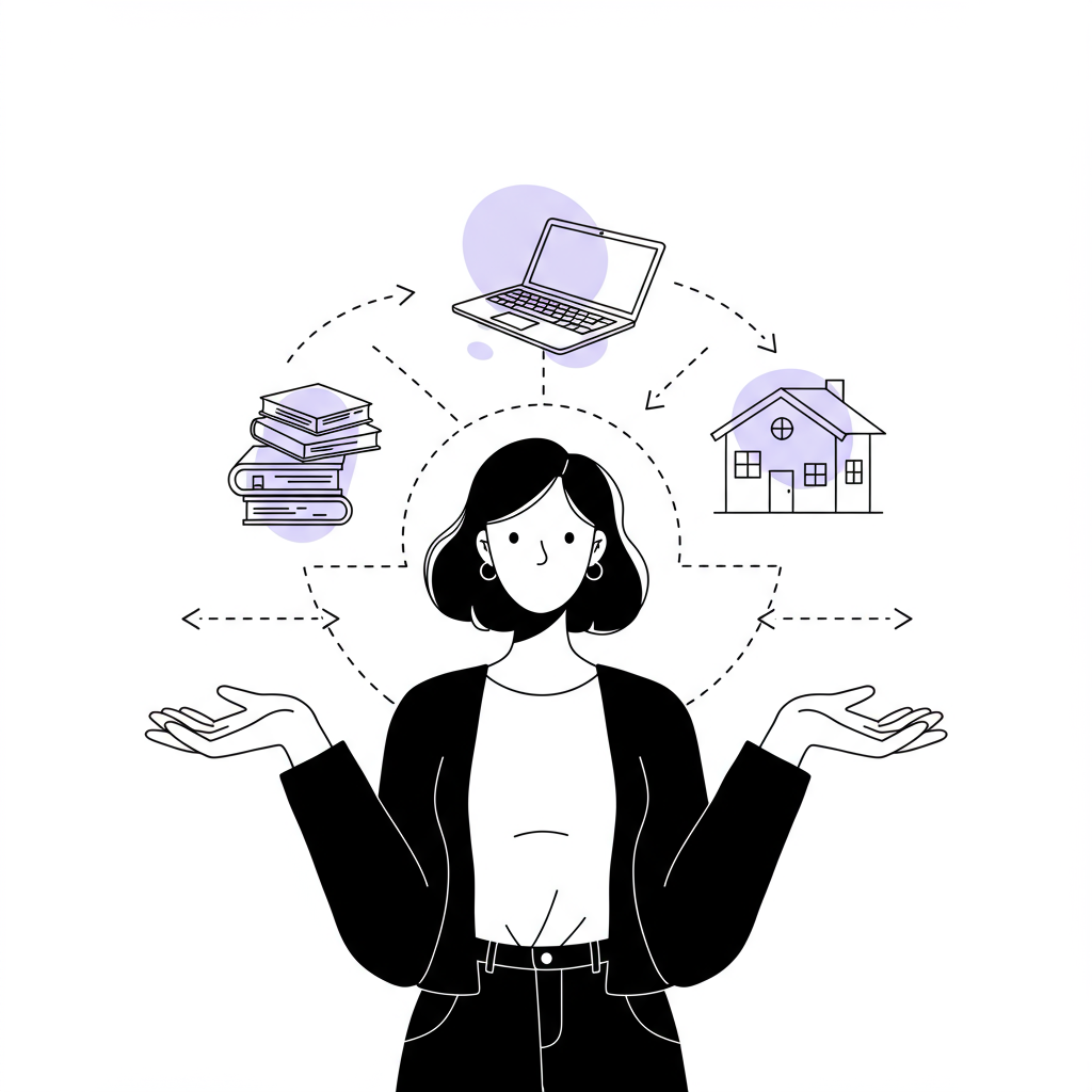 Line art: Femmeprenista embracing financial freedom, with house in pastel purple, laptop & books floating above her hands | Femmeprenista