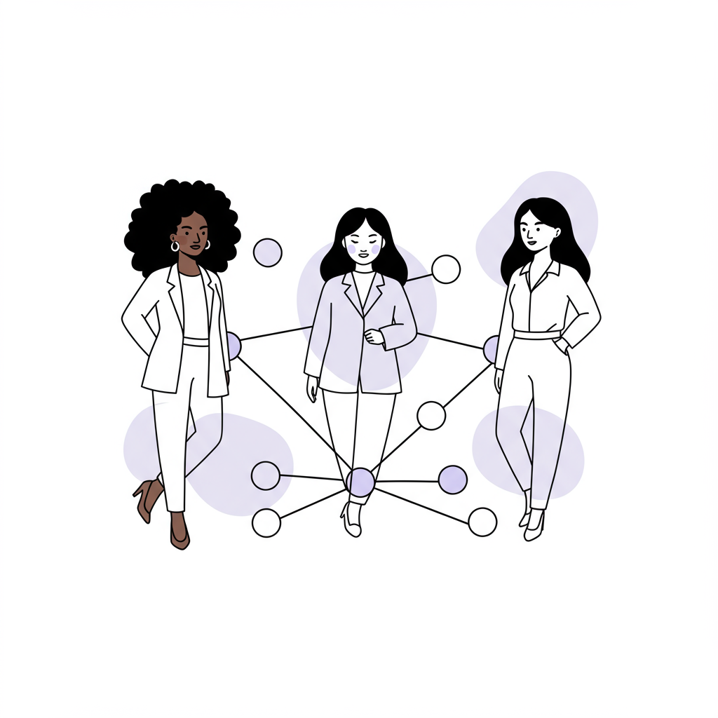 Modern line art: Three empowered female entrepreneurs of diverse ethnicities linked by a pastel purple collaboration network | Femmeprenista