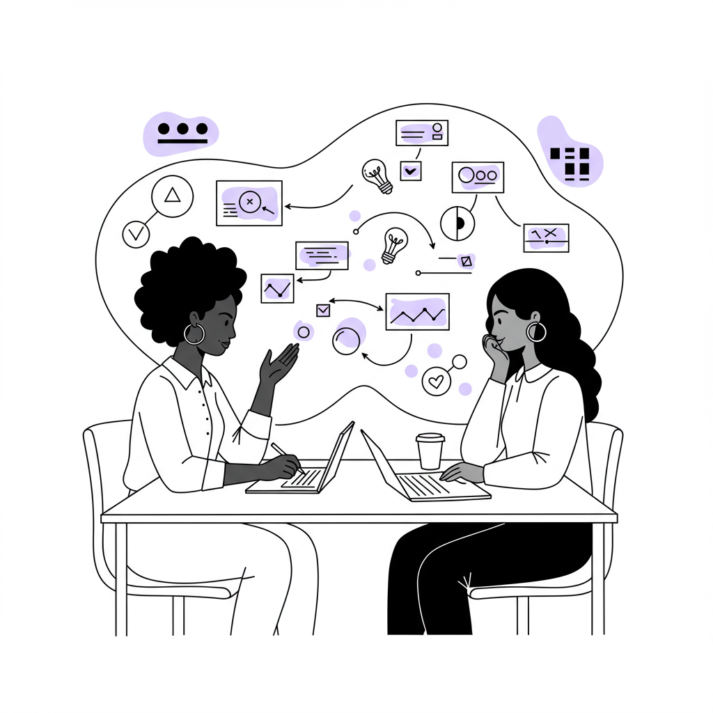 Chic line art: Black and Latina entrepreneurs in strategic business collaborations women, pastel purple notebook accent | Femmeprenista