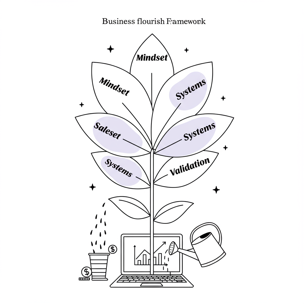 Chic line art: "Business Flourish Framework" flower growing from laptop, watered by care; Validation petal with pastel purple | Femmeprenista