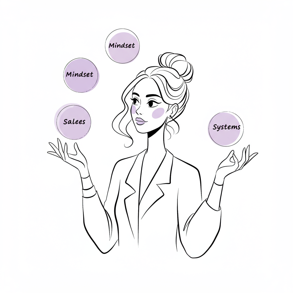 Chic line art: female entrepreneur elegantly juggling Mindset, Sales, and Systems; pastel purple accent on "Mindset" orb | Femmeprenista
