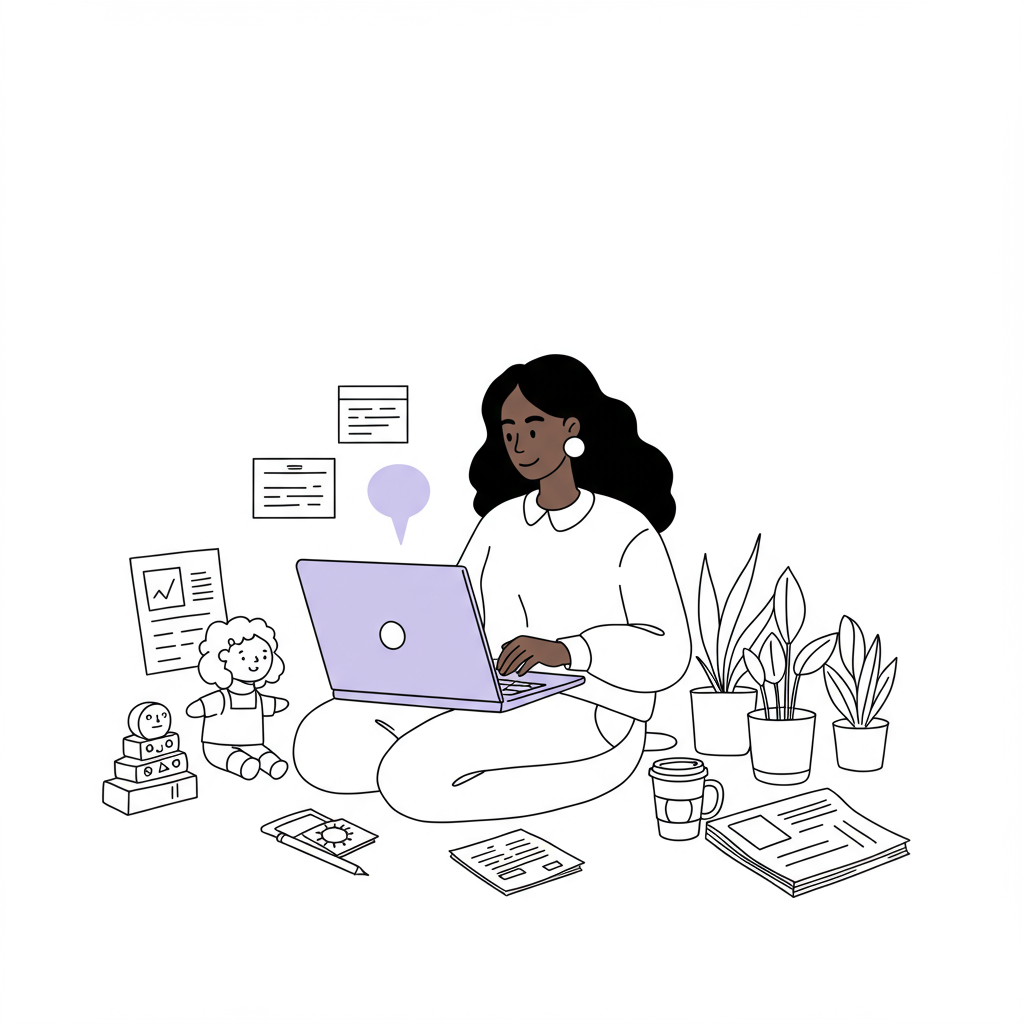 Chic line art of a female entrepreneur balancing work and life, laptop with pastel purple screen | Femmeprenista