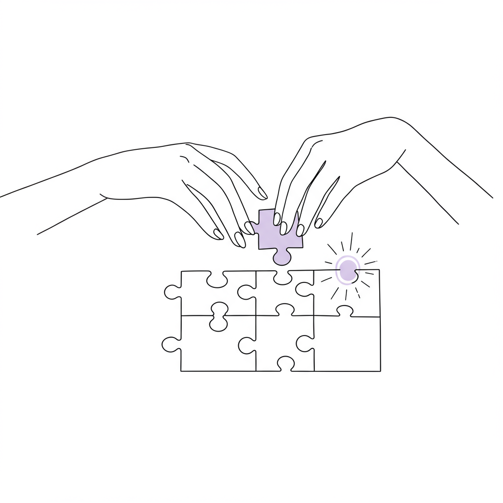 Chic line art: woman completing life puzzle with radiant sun piece, symbolizing focus for female entrepreneurs, pastel purple accent | Femmeprenista