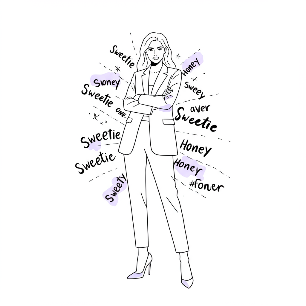 Chic line art: Confident woman entrepreneur reclaims power from diminishing nicknames, pastel purple heels | Femmeprenista