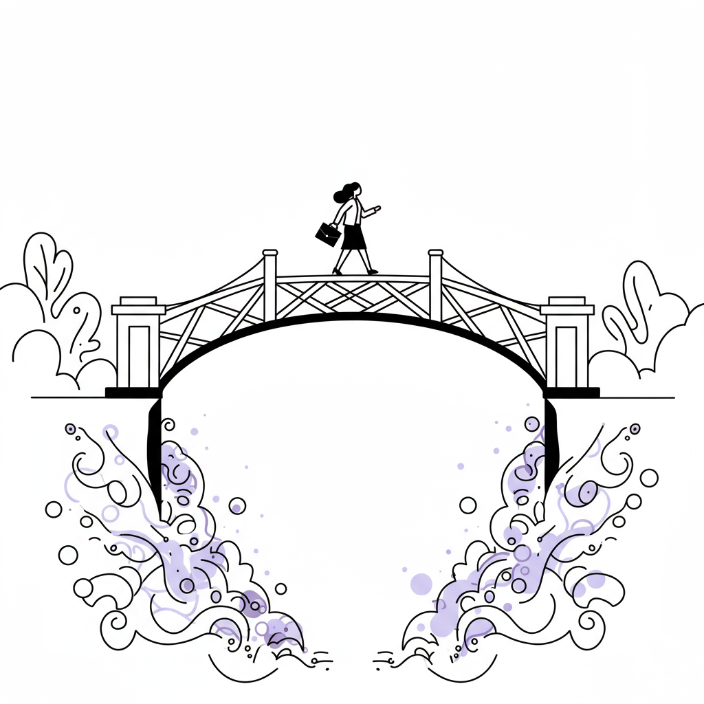 Line art: Woman entrepreneur confidently crossing bridge over microaggressions, purple briefcase symbolizes power | Femmeprenista
