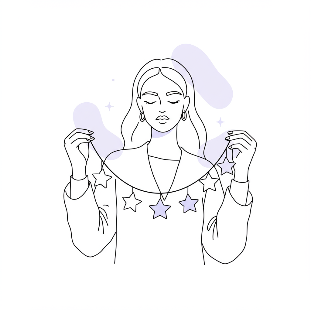 Elegant line art: Female entrepreneur encircled by connected stars (client testimonials), black/white with pastel purple star accent | Femmeprenista