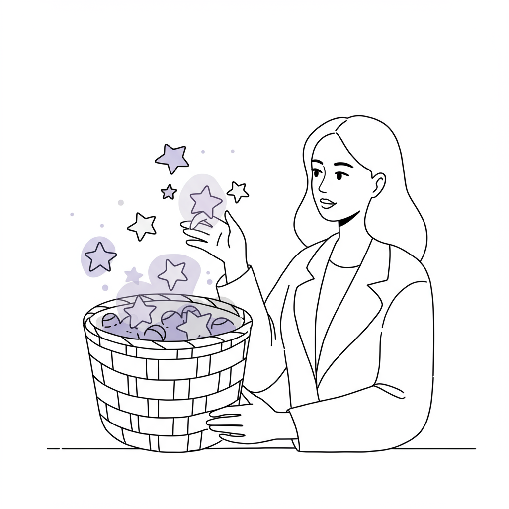 Chic line art: Female entrepreneur collecting glowing stars symbolizing client testimonials; black, white, pastel purple star | Femmeprenista