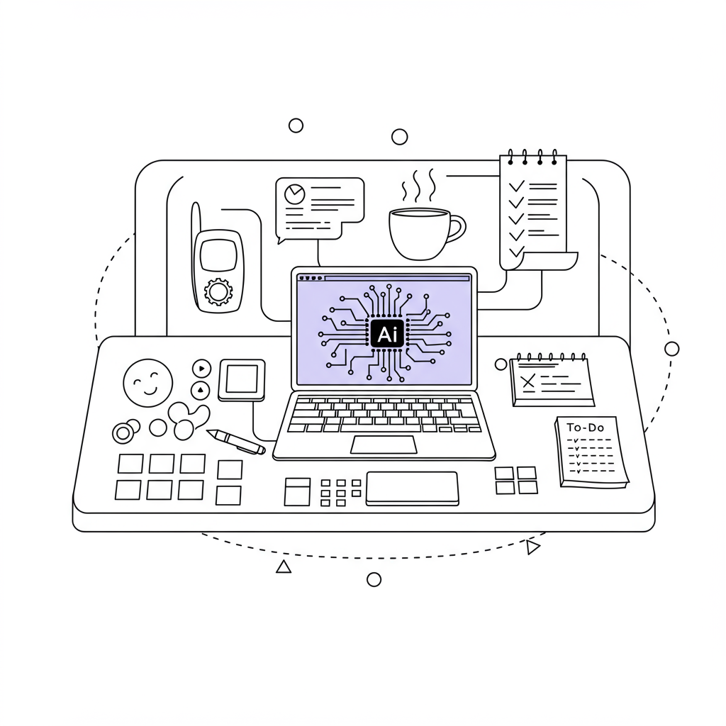 Modern line art: Mumpreneur "control panel" with baby monitor, coffee, AI laptop (purple accent), & to-do list icons | Femmeprenista