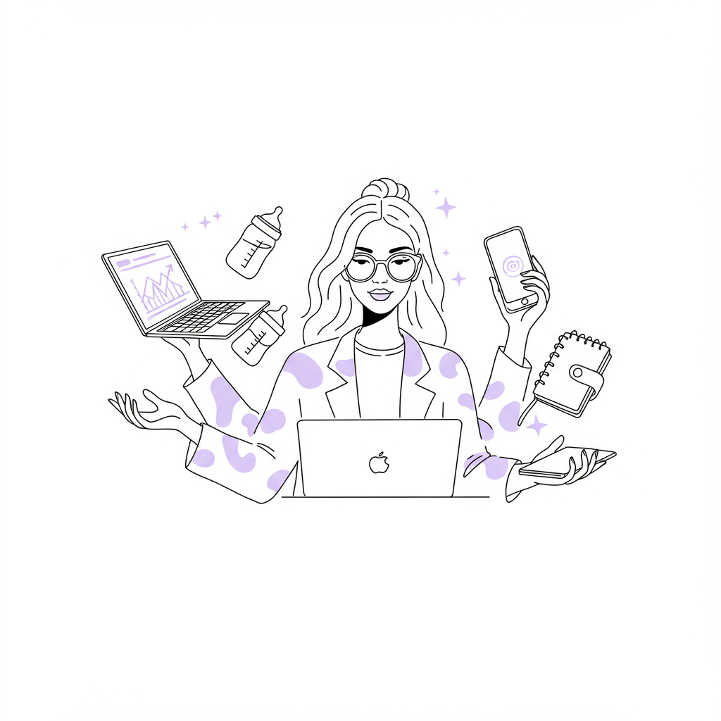 Stylish black and white line art: mumpreneur calmly juggles baby bottle, laptop with pastel purple screen, phone, and planner | Femmeprenista
