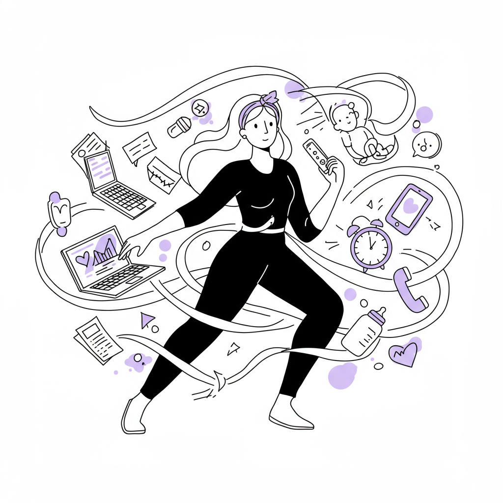Black and white line art: Mumpreneur in power pose amidst swirling tasks, pastel purple headband, calm mastery | Femmeprenista