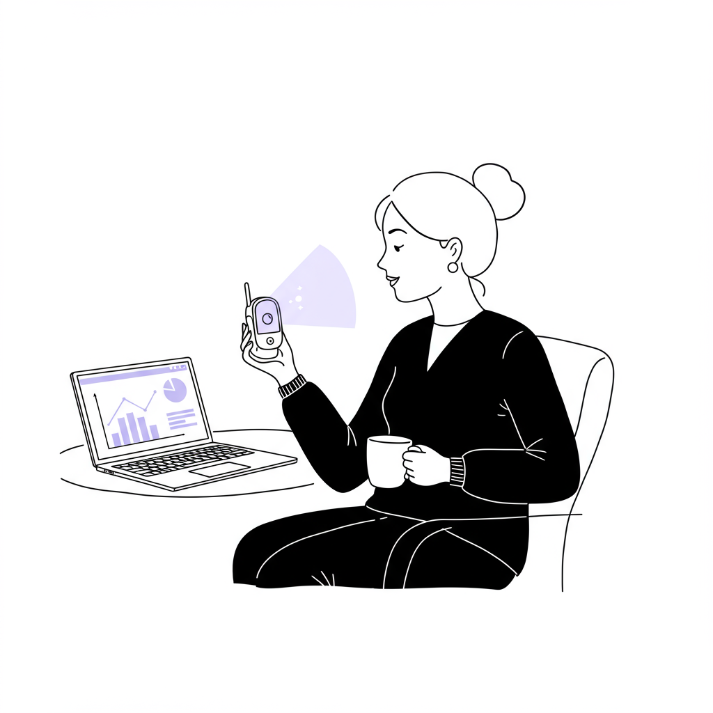 Chic line art: mumpreneur balancing laptop, baby monitor (pastel purple light), and tea. Holistic balance in black and white | Femmeprenista