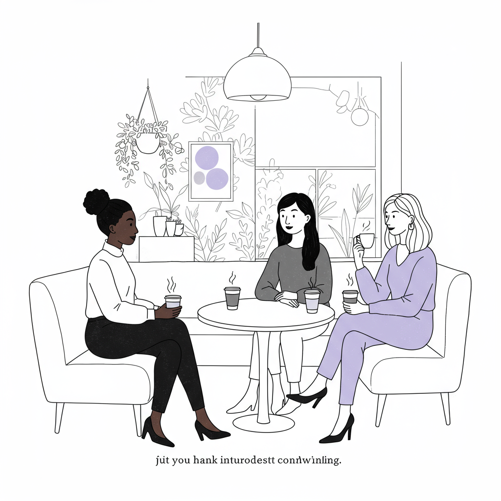 Line art: Three diverse women entrepreneurs in cafe, enjoying authentic networking; pastel purple accent on cups | Femmeprenista
