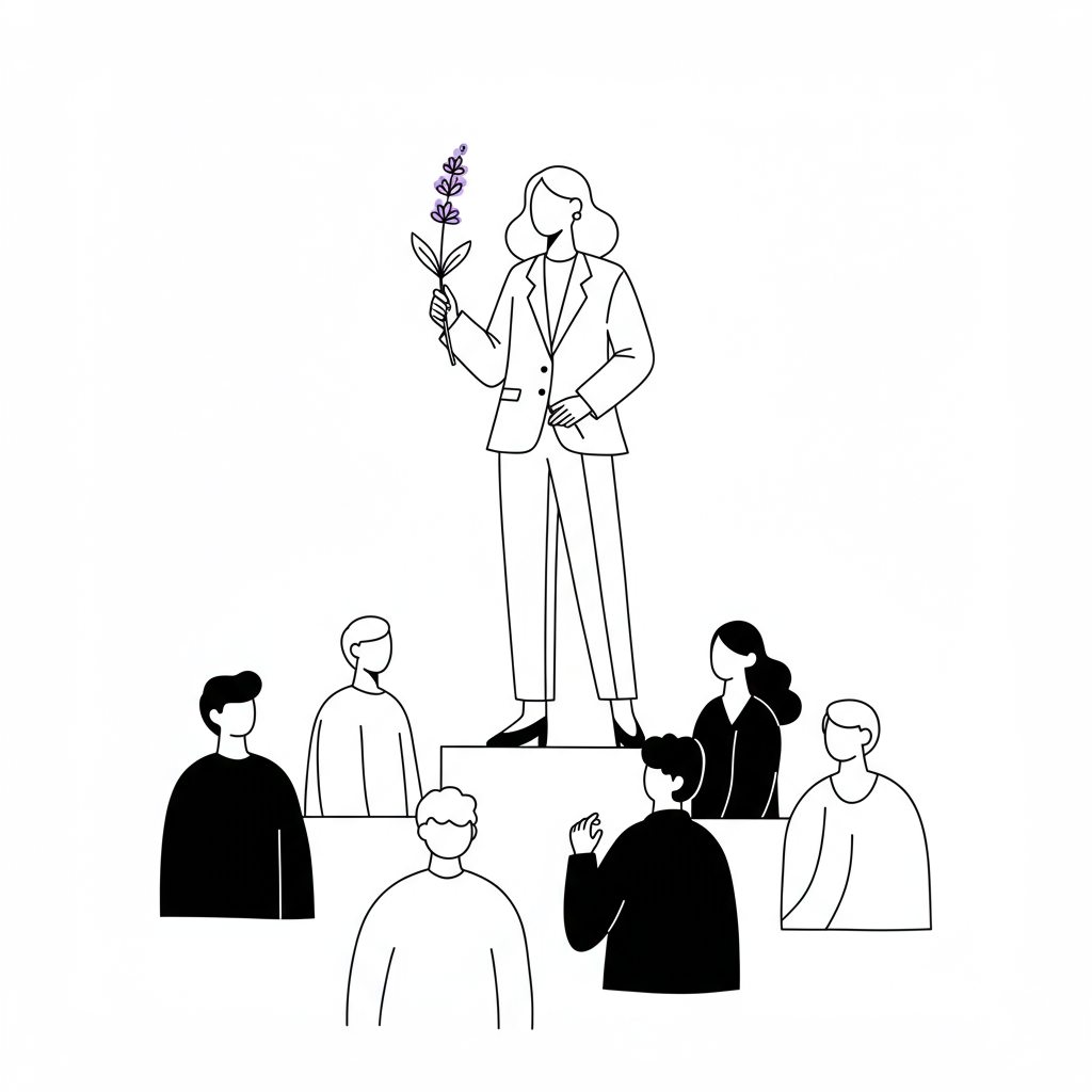 Elegant line art: introverted femmeprenista’s quiet power, lavender accent, supportive network | Femmeprenista