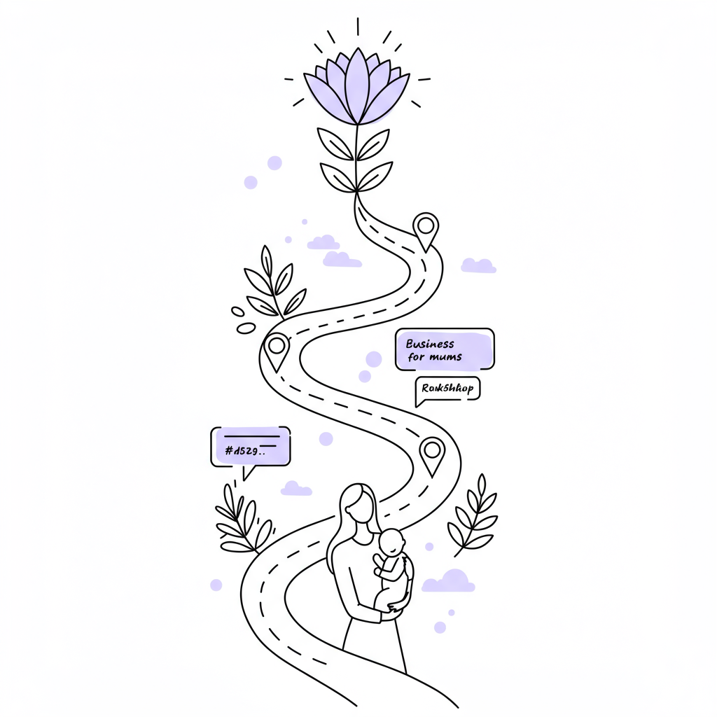 Line art: Chic "business for mums roadmap" blooms into a thriving life; mum & baby looking up, pastel purple flower highlight | Femmeprenista