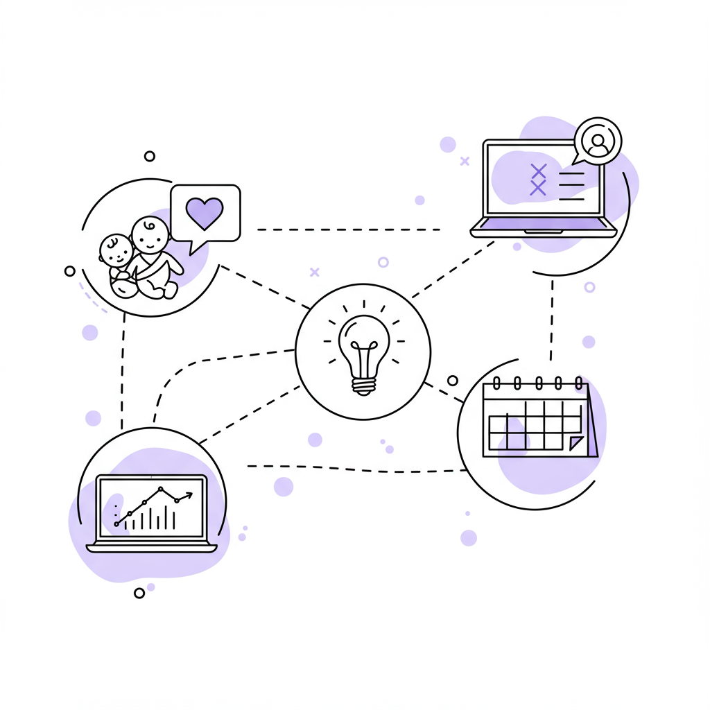 Chic line art: interconnected icons forming a "business for mums roadmap", pastel purple heart in speech bubble | Femmeprenista