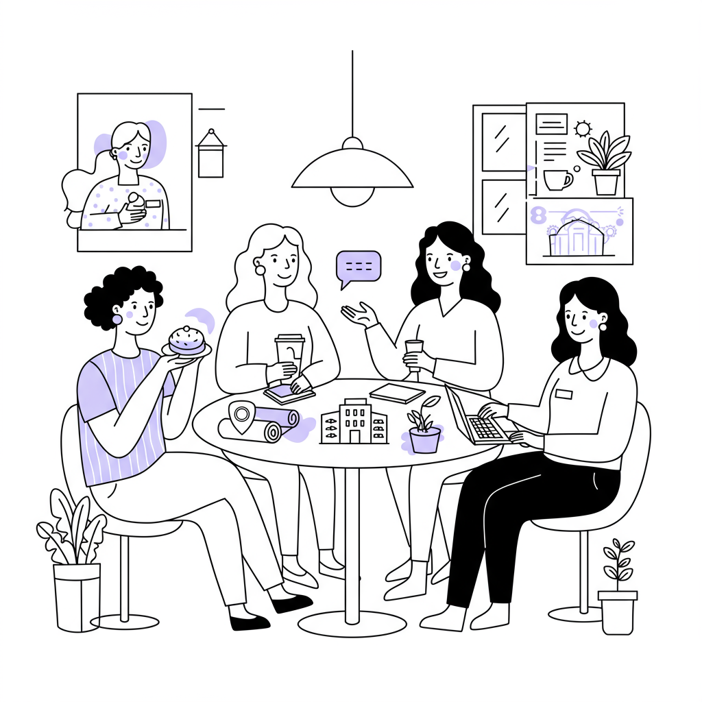 Chic black and white line art: Mumpreneurs connecting with local resources; pastel purple accent on pastry | Femmeprenista