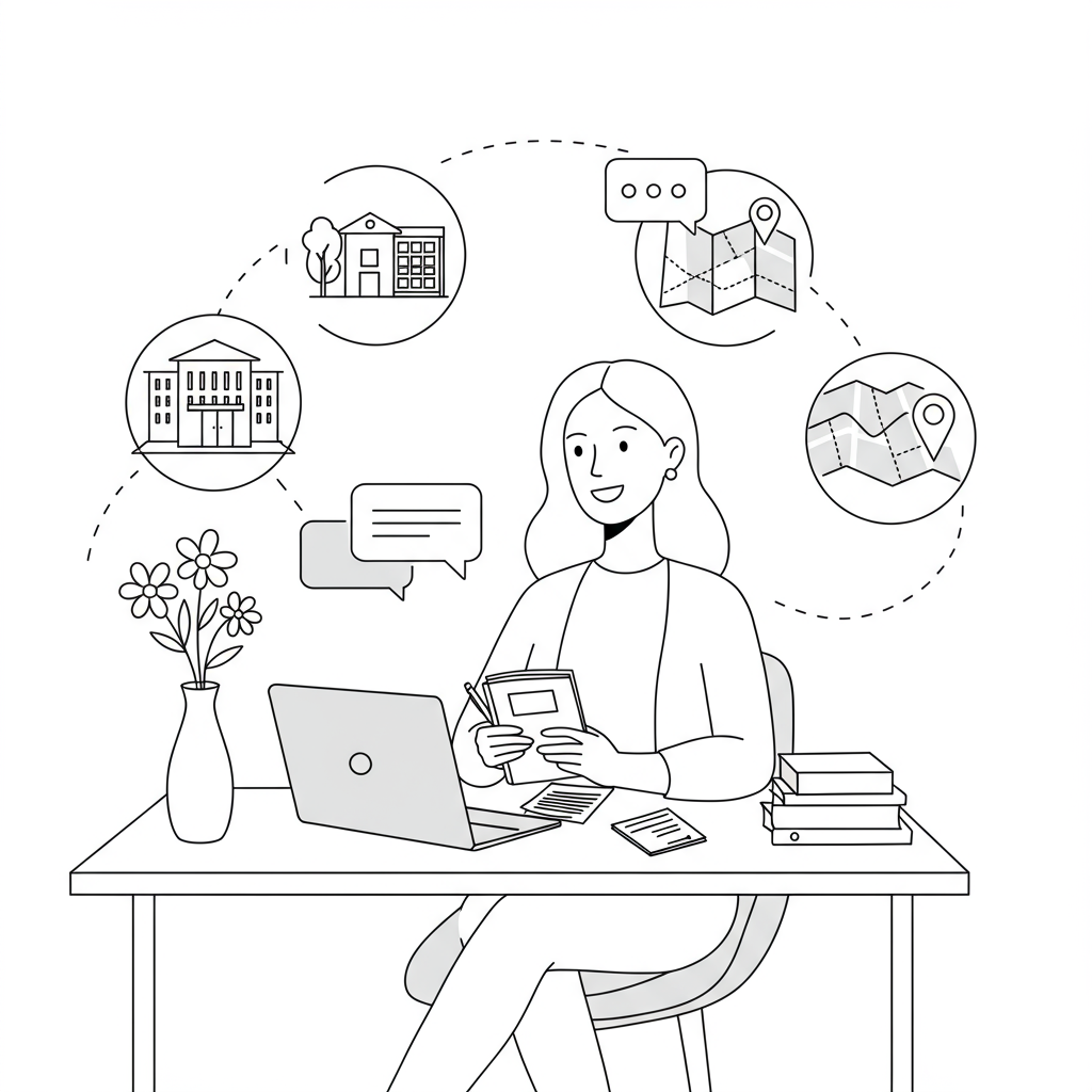 Line art illustration: Stylish mumpreneur at desk with local resources icons, black and white with pastel purple flower highlight | Femmeprenista