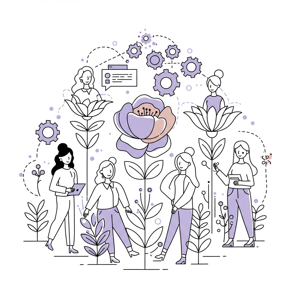 Modern line art: Diverse female entrepreneurs represented as interconnected flowers, AI gears above; pastel purple accent | Femmeprenista