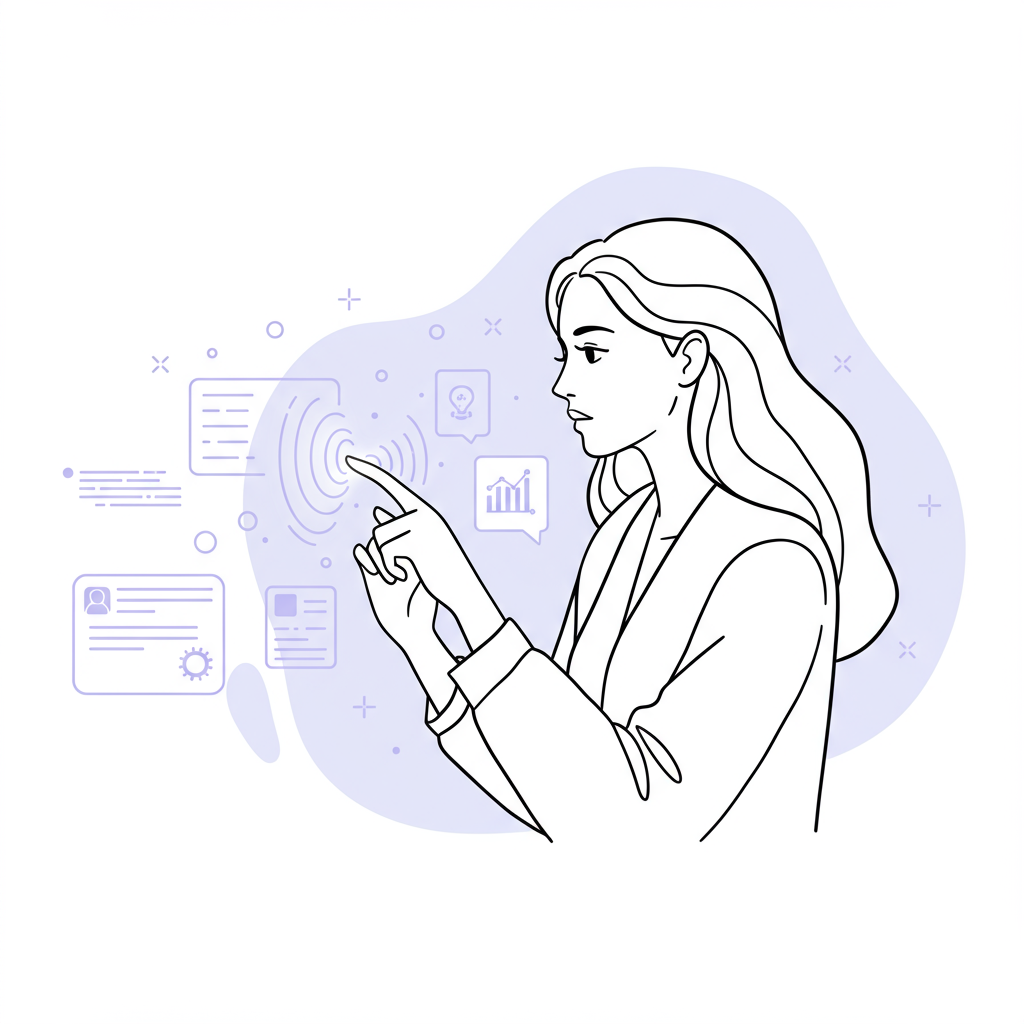 Chic line art: female entrepreneur using AI to amplify impact, black and white with pastel purple accent swirl | Femmeprenista