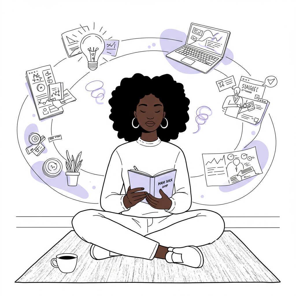 Line art of a Black mum entrepreneur with business ideas swirling; pastel purple notebook accent | Femmeprenista
