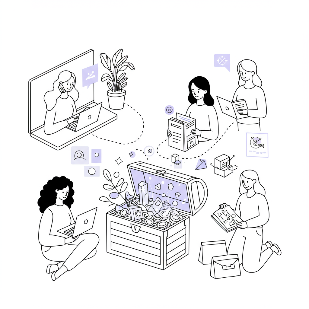 Line art illustration of diverse mum entrepreneurs sharing "business gold" from a treasure chest, pastel purple accent | Femmeprenista