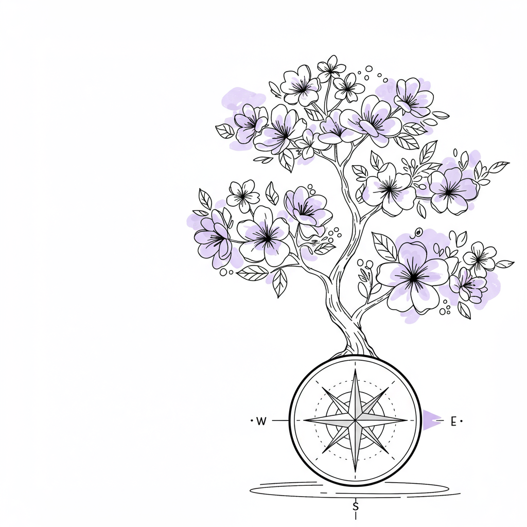 Modern black and white line art of bonsai in a compass rose, pastel purple blossoms symbolizing strategic growth | Femmeprenista