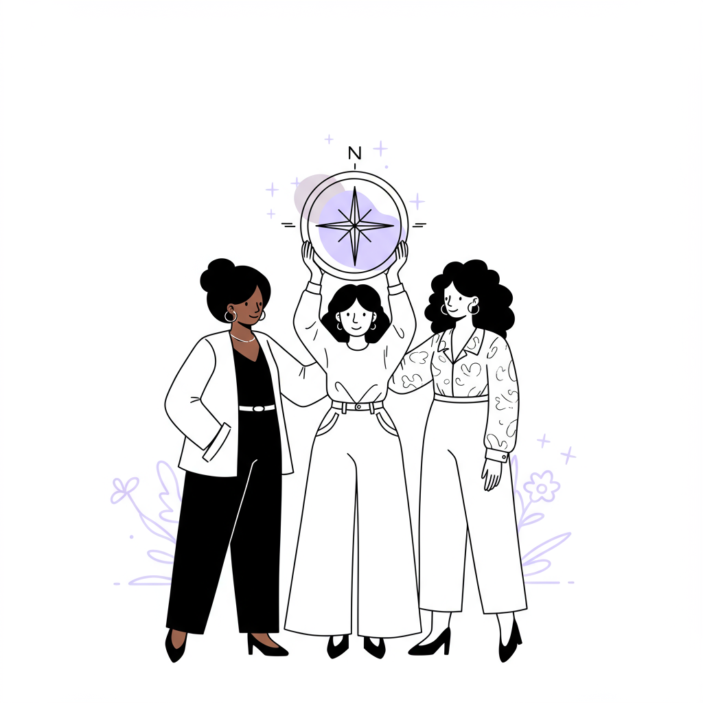 Stylized line art: Three diverse women entrepreneurs, the central figure holding a pastel purple compass pointing up | Femmeprenista