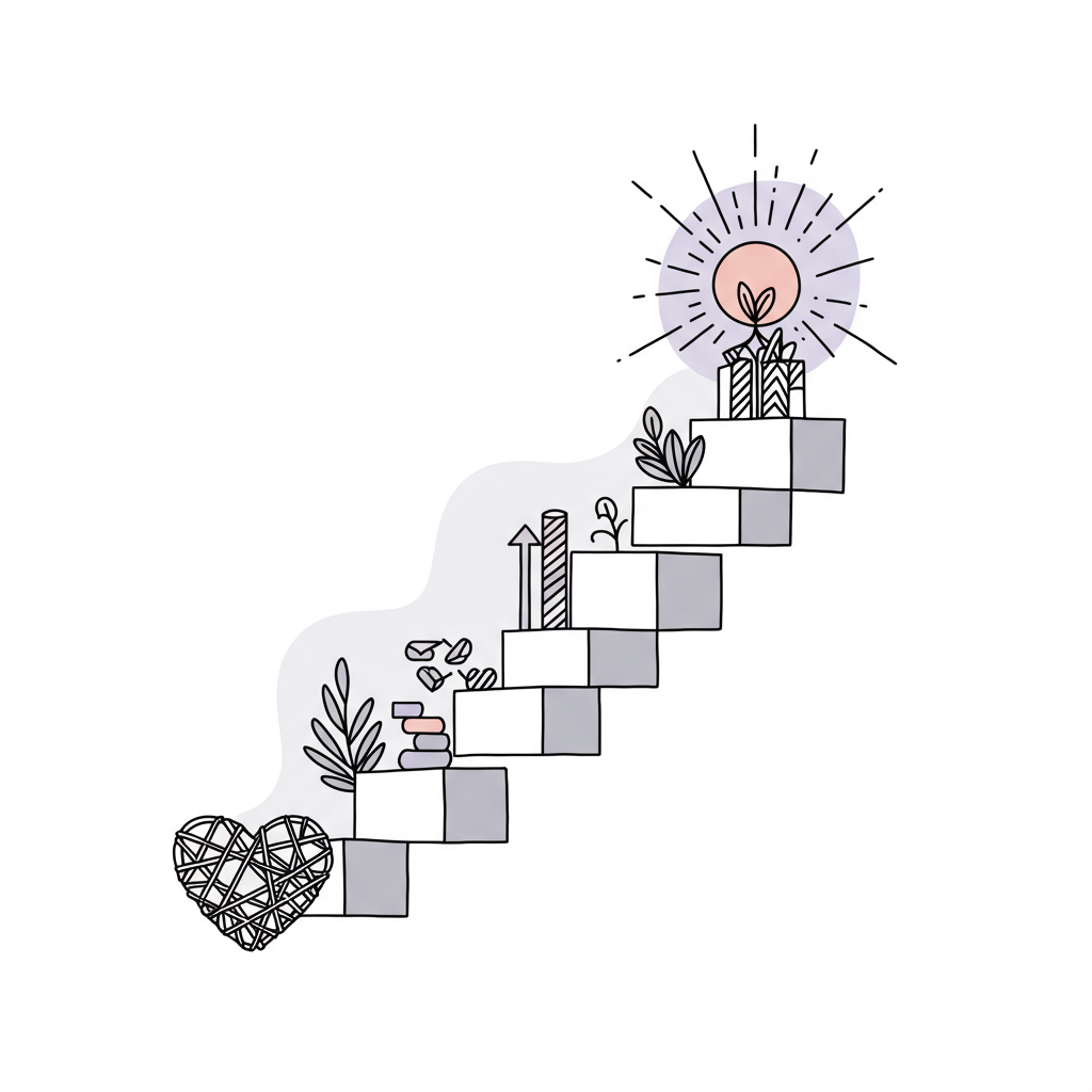 Black and white line art: Upward staircase of building blocks, anchored by a heart, topped by pastel purple sun, symbolizing purposeful business growth | Femmeprenista