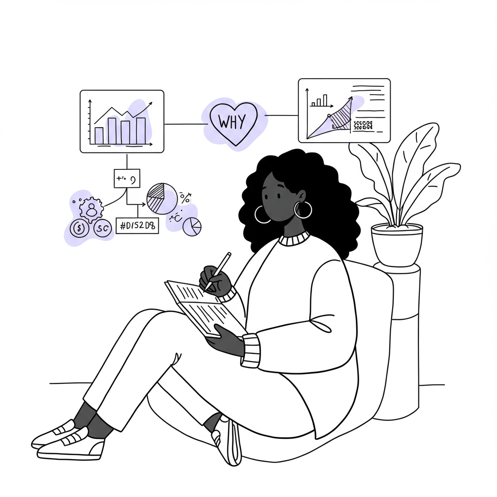 Chic black and white line art: Latina or Black woman entrepreneur sketching business strategy connected to her purpose (pastel purple heart) | Femmeprenista