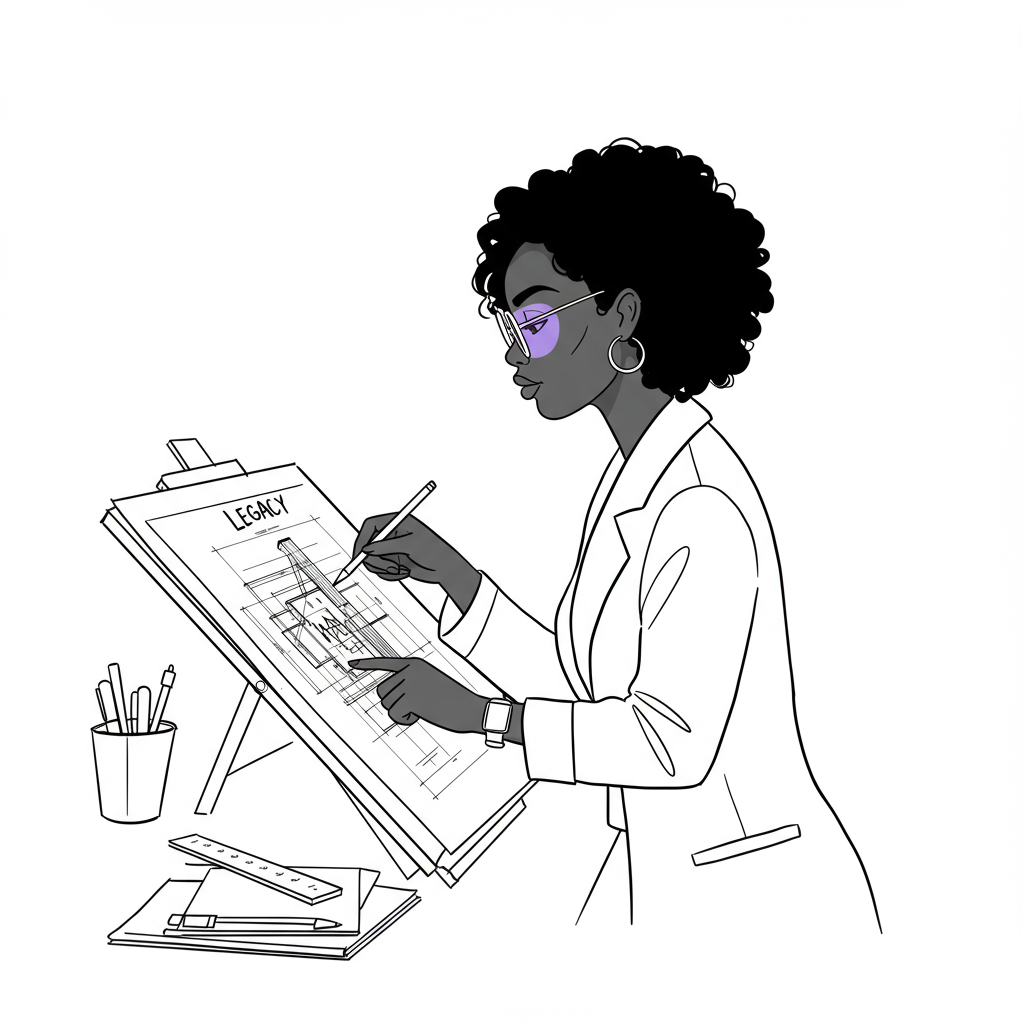 Chic line art of a Black female entrepreneur reviewing blueprints with “Legacy” subtly integrated, purple glasses. | Femmeprenista