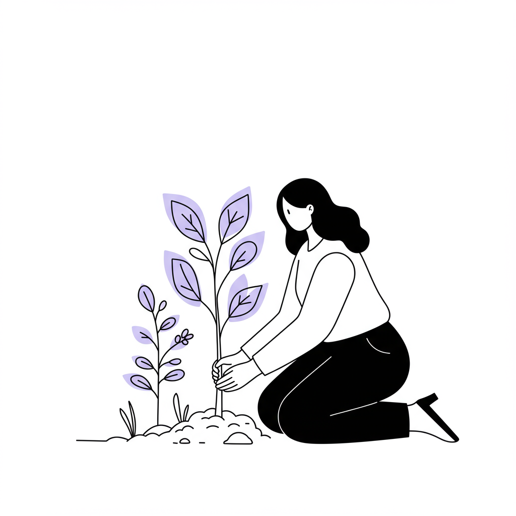 Chic black and white line art: Latina entrepreneur plants a sapling, pastel purple leaves symbolize growth and legacy | Femmeprenista