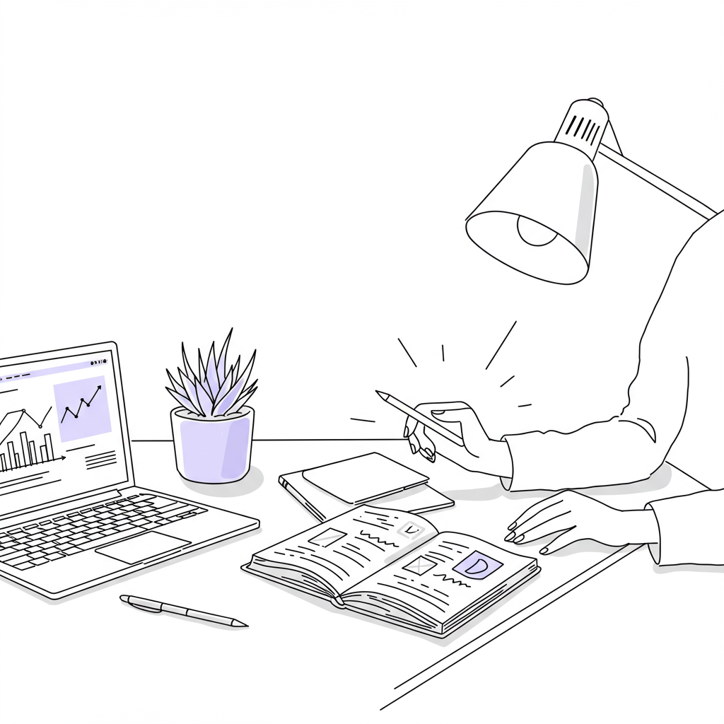 Chic black and white line art: femmeprenista hand near a laptop and notebook with flowing energy; pastel purple plant pot | Femmeprenista