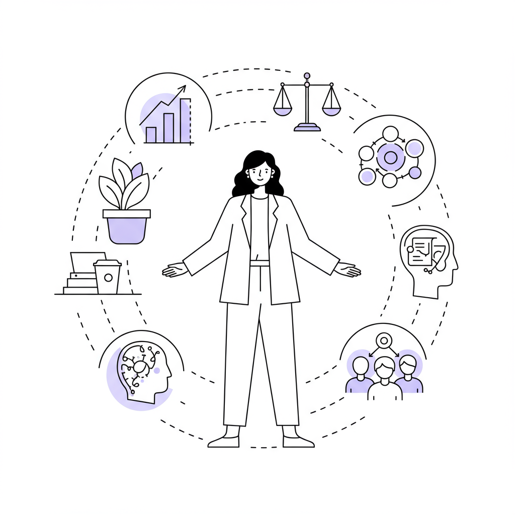 Modern line art: Confident femmeprenista in empowering circle of growth, balance, focus, and community. Pastel purple plant icon | Femmeprenista