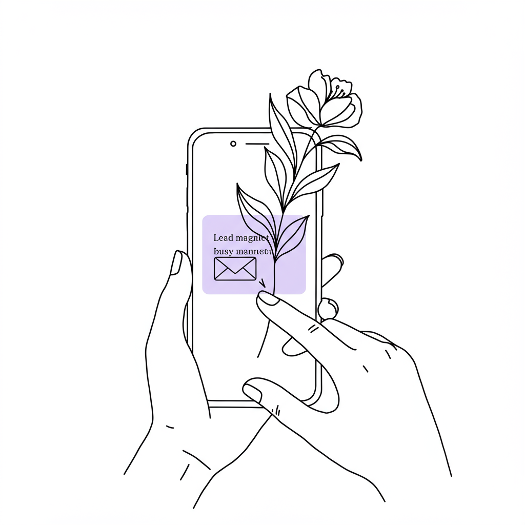 Chic line art: flower blossoms from phone, symbolising email list growth; pastel purple screen. Lead magnet for busy mums | Femmeprenista