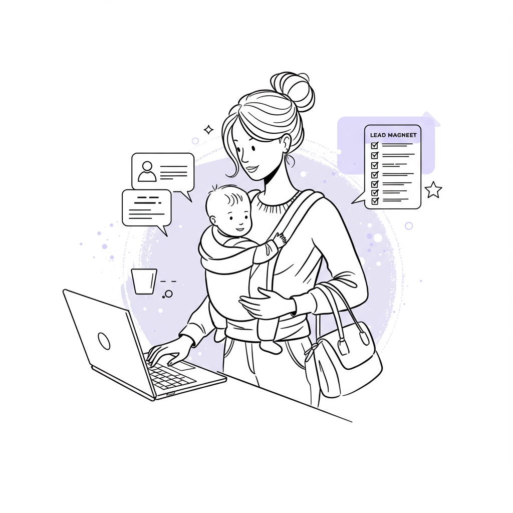 Chic black and white line art: a multitasking mum boss working from her laptop, pastel purple highlight on screen | Femmeprenista