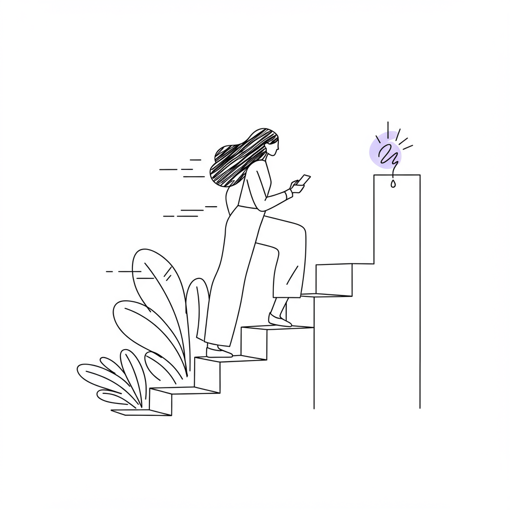 Line art: Woman strides confidently away from dissolving expectations toward goals; pastel purple flame symbolizes entrepreneur fuel | Femmeprenista