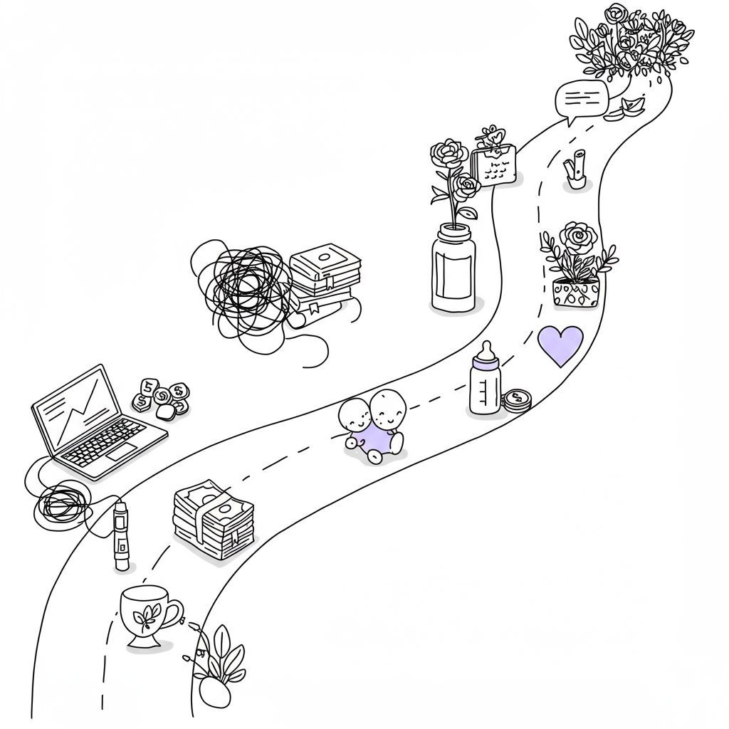 Line art: Entrepreneurial road from chaos to clarity and a blooming garden of freedom; pastel purple heart highlight | Femmeprenista
