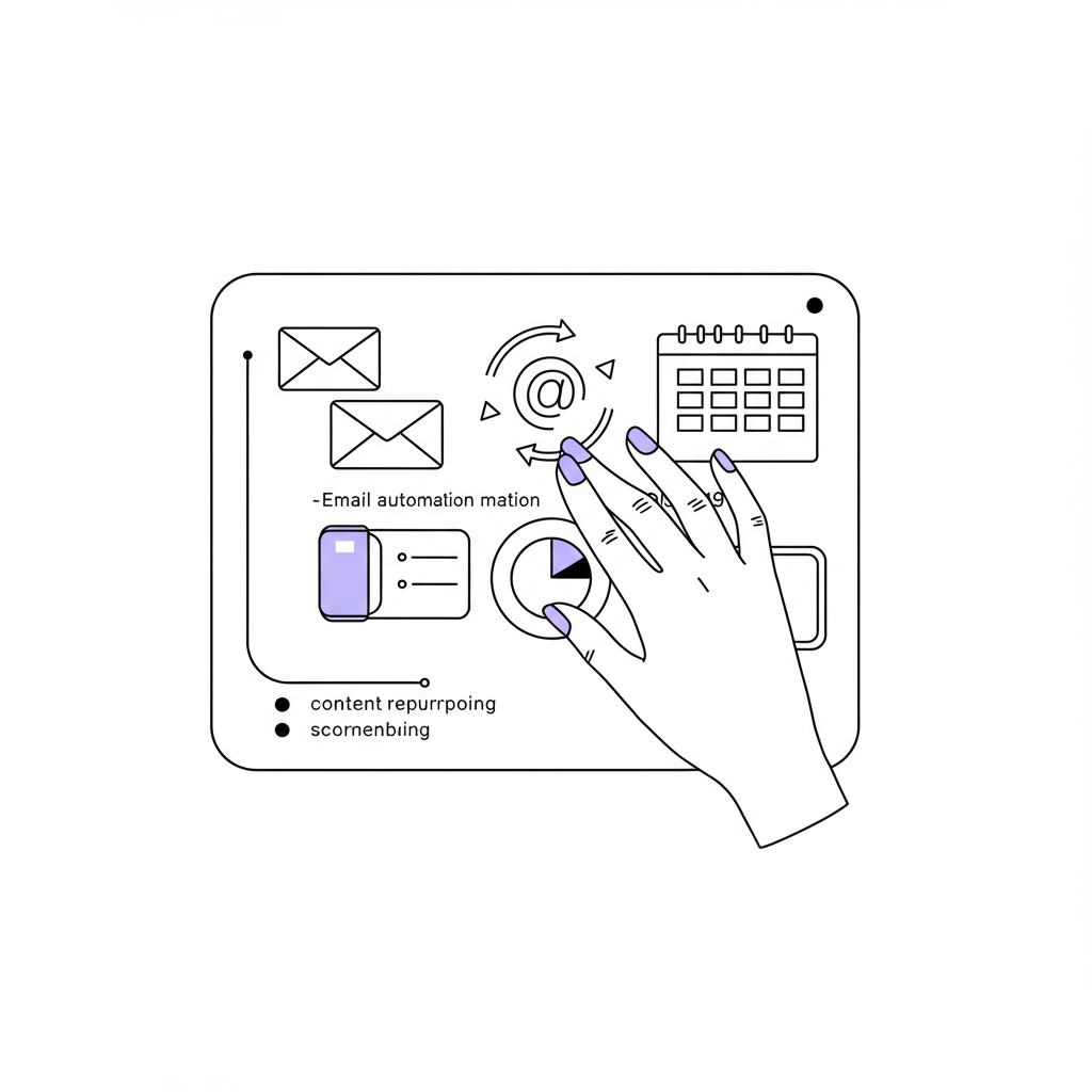 Modern line art: hand gently controls AI tools panel (email, content, scheduling); pastel purple nail polish accent | Femmeprenista