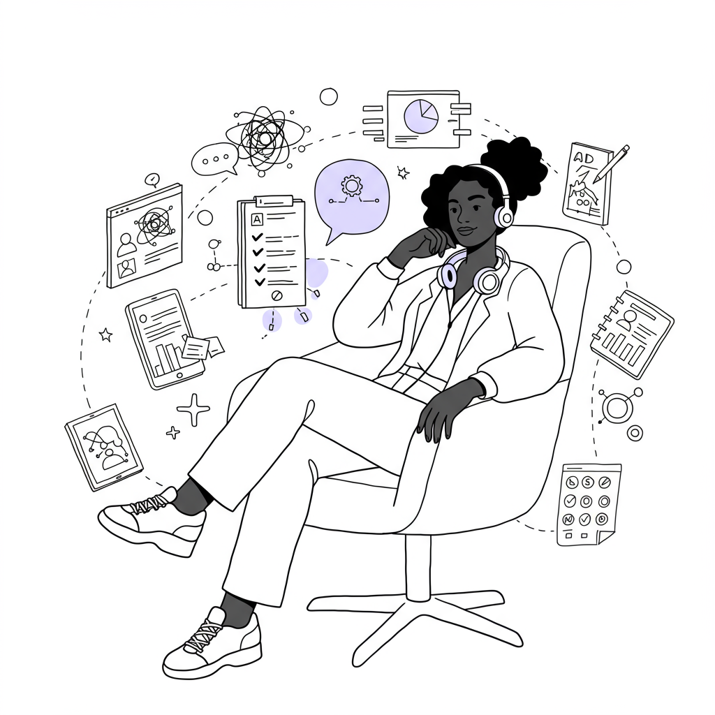 Chic line art of a Black female entrepreneur relaxing, AI icons floating around her, pastel purple headphones for focus | Femmeprenista