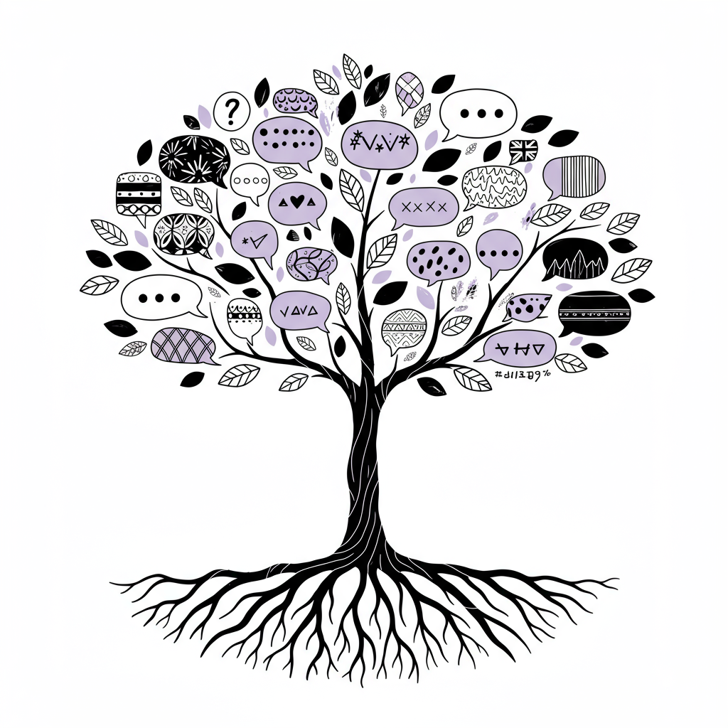 Line art: Stylized tree with diverse roots & speech bubble leaves symbolizing cultural conversations; pastel purple trunk. Chic, modern illustration | Femmeprenista